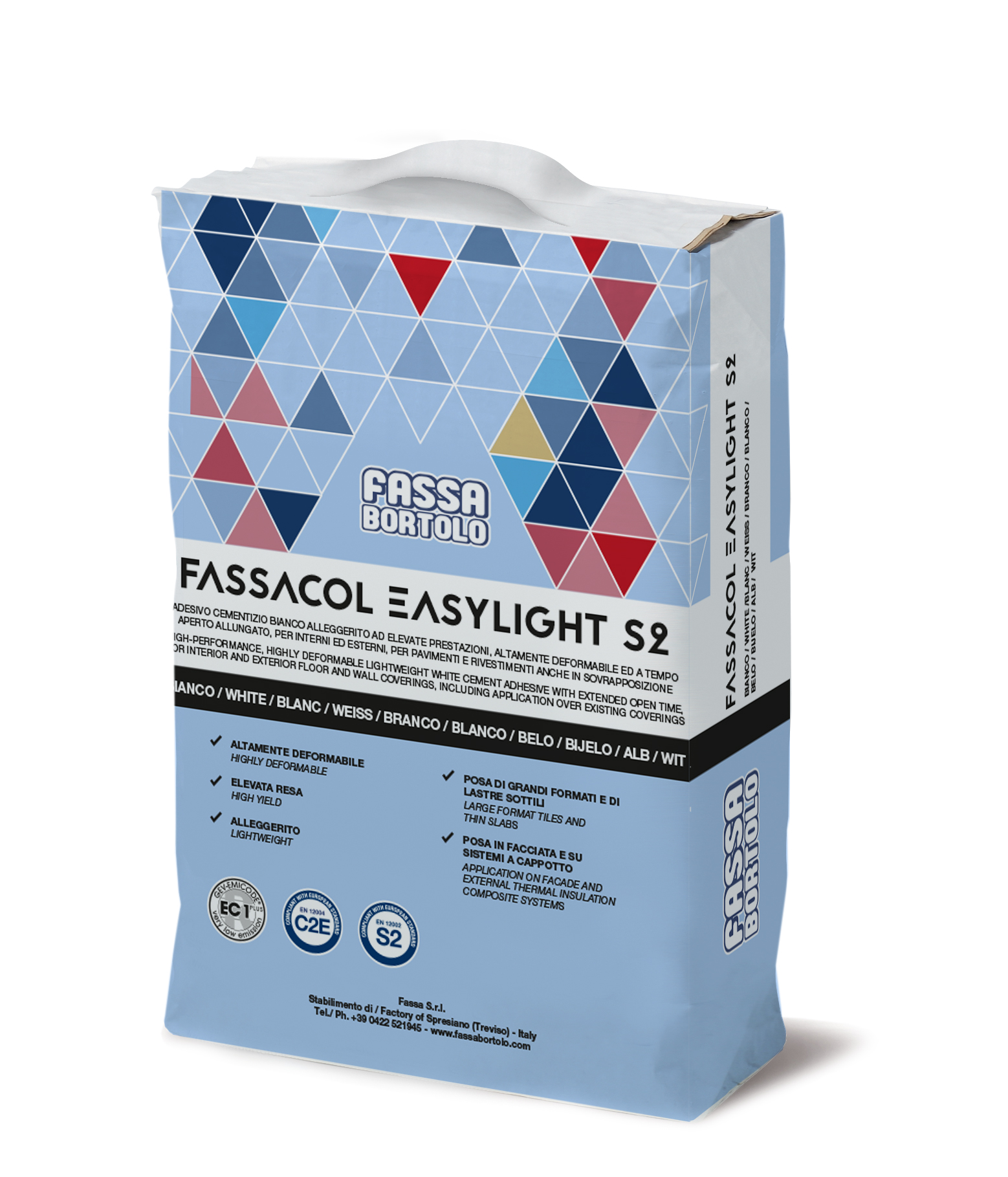 FASSACOL EASYLIGHT S2: Adhesivo cementoso aligerado monocomponente de muy alta elasticidad, blanco y gris, para pavimentos y revestimientos exteriores e interiores